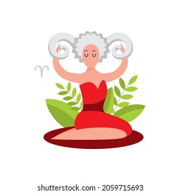 Zodiac sign Aries, women in the form of zodiac symbols, isolated on white. Cartoon colorful style.