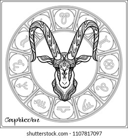 Zodiac sign. Astrological horoscope collection. Outline vector illustration. Outline hand drawing coloring Capricorn page for the adult coloring book. 