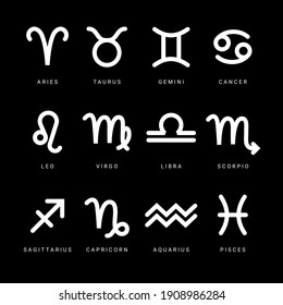 Zodiac Sign. Astrological Symbols Of The Twelve Zodiacal Constellations Isolated On Black Background. Vector Illustration