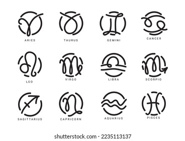 Zodiac sign. Astrological symbols of the twelve zodiacal constellations isolated on white background. Vector illustration