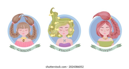 Zodiac sign as a beautiful girl with lush hair. Set of bright signs of the zodiac. Horoscope. Astronomy. Vector illustration isolated on white background.
