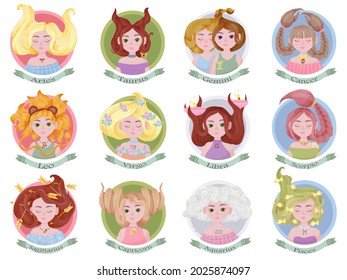 Zodiac sign as a beautiful girl with lush hair. Set of bright signs of the zodiac. Horoscope. Astronomy. Vector illustration isolated on white background.