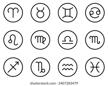 Indicador zodiaco conjunto de iconos negros vector. Aries, Taurus, Gemini, Cáncer, Leo, Virgo, Libra, Escorpio, Sagittarius, Capricornio, Aquarius, Pisces. Astrología