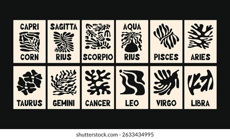 Zodiac sign calendar with stylized graphic symbols in retro floral vector design, Matisse-inspired groovy illustrations and collage art patterns