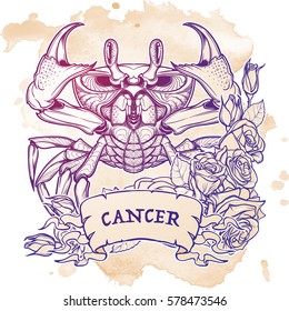 Zodiac sign - Cancer. Accurate symmetrical drawing of the beach crab with a frame of roses. Concept art for tattoo, horoscope. Coloring book illustration. Linear drawing itolated on grunge background