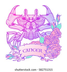 Zodiac sign - Cancer. Accurate symmetrical drawing of the beach crab with a frame of roses. Concept art for tattoo, horoscope. Pastel colors. Linear drawing itolated on texture background