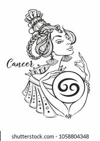 Zodiac sign Cancer as a beautiful girl. Horoscope. Astrology. Coloring.  Vector