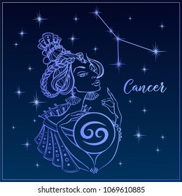 Zodiac sign Cancer as a beautiful girl. The Constellation Of Cancer. Night sky.  Horoscope. Astrology. Victor