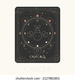 Zodiac sign Cancer card. Astrological horoscope symbol with moon phases. Graphic gold icon on a black background. Vector line art illustration