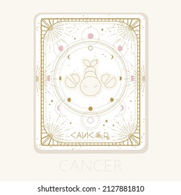 Zodiac sign Cancer card. Astrological horoscope symbol with moon phases. Graphic gold icon on a white background. Vector line art illustration