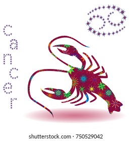 Zodiac sign Cancer, claret vector silhouette with stylized multicolor stars isolated on the white background