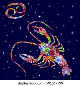 Zodiac sign Cancer with colorful flowers fill on a background of the dark blue starry sky, vector illustration