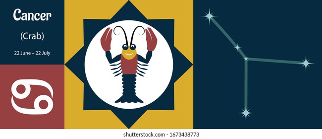 The zodiac sign Cancer or Crab in a humorous style is the designation of the constellation and the date