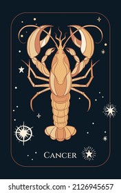 zodiac sign cancer, crawfish, black and yellow tones, with stars