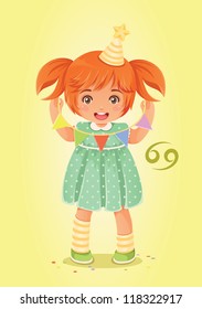 Zodiac sign Cancer. Cute and cheerful little girl with party decorations.