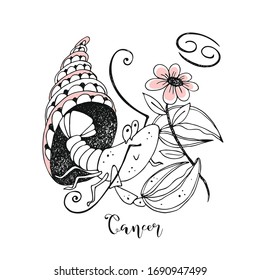 Zodiac sign Cancer. Cute crustacean with a flower sitting in a shell. Vector.