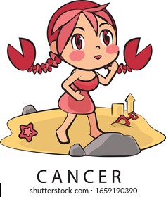 Zodiac sign of Cancer cute girl illustration vector, June 21 - July 22. Future telling, horoscope, alchemy, spirituality, occultism, fashion.