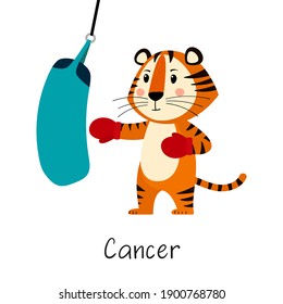 Zodiac sign cancer. Cute tiger in red gloves boxing. Concept of horoscope for 2022, year of tiger according to Chinese calendar. Vector stock flat hand-drawn illustration isolated on white