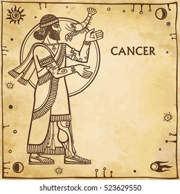  Zodiac sign Cancer. Drawing based on motives of Sumerian art. Full growth. Background - imitation of old paper, space symbols. The place for the text. Vector illustration.