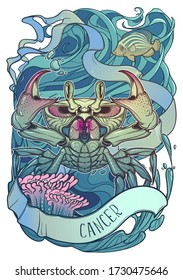 Zodiac sign of Cancer, element of Water. Intricate linear drawing isolated on white background. Blue and turquoise mysterious palette. A4 vertical format. EPS10 vector illustration.