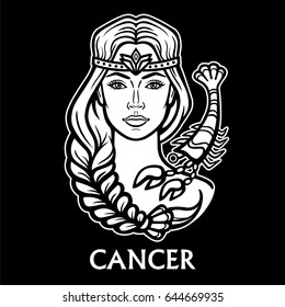 Zodiac sign Cancer. Fantastic princess, animation portrait. Vector monochrome illustration isolated on a black background.