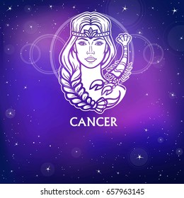Zodiac sign  Cancer.  Fantastic princess, animation portrait. White drawing, background - the night stellar sky. Vector illustration.