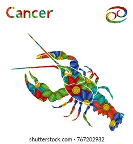 Zodiac sign Cancer with filling of colorful stylized flowers on a white background, vector illustration