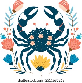 Sinal zodíaco Câncer com flora floral, ilustração vetorial, fundo isolado branco.