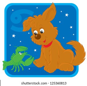 Zodiac sign of Cancer as a funny pup playing with a green crawfish