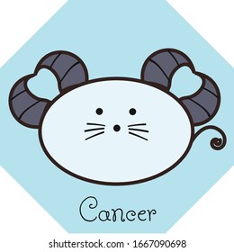 Zodiac sign Cancer, hand drawn cute cartoon vector with light gray rat/ seal/ otter/ sea lion with gray claws isolated on the blue background