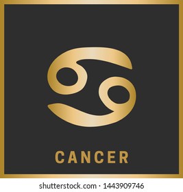 Zodiac sign Cancer. Horoscope. Isolated golden symbol on a black background with a golden inscription. Vector illustration