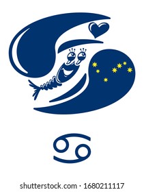 Zodiac sign Cancer. Image of a cute crab, repeating the outlines of the symbol of the zodiac constellation Cancer. Funny Crab holds the heart in its claws. Vector illustration isolated on white.