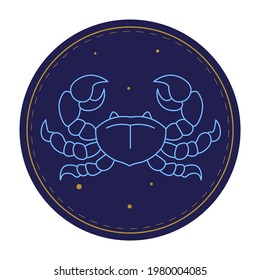 Zodiac sign of cancer, isolated astrological symbol in circle. Element of calendar horoscope with typical traits and character of people. Esoteric and astronomical features. Vector in flat style