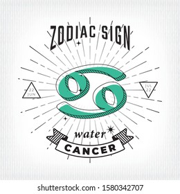 Zodiac Sign Cancer Logo and Water Lettering with Cancer Constellation Stars and Dates over Rays Circle - Black on White Striped Background - Vector Vintage Graphic Design