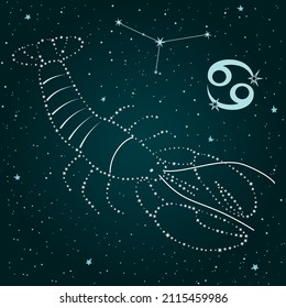 Zodiac sign Cancer in the night sky. Symbol and constellation