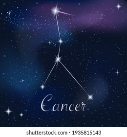 Zodiac sign Cancer on against the background of the starry sky. Constellation Cancer on starry night background. Astrological zodiac against the background of space.