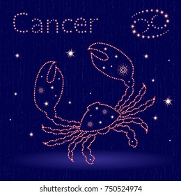 Zodiac sign Cancer on the starry sky, hand drawn vector illustration with stylized stars over blue background