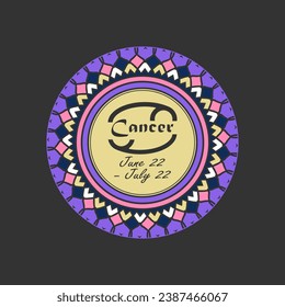 Zodiac sign Cancer in a round paterned frame. Multi-colored icon, emblem on a black background. Vector illustration svg
