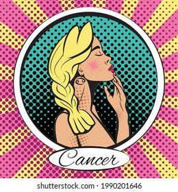 Zodiac sign Cancer woman. Pop art vector illustration. Line art, ideal for poster, print, postcard, colouring book.	
