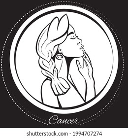 Zodiac sign Cancer woman. Pop art illustration. Line art, ideal for poster, print, postcard, colouring book.	
