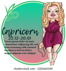 Zodiac sign Capricorn. 2019 year of the pig. Fashion piggy girl. Funny horoscope. Cute animal. Vector illustration in cartoon style.
