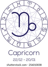 Zodiac sign - Capricorn. Astrological chart with symbols in wheel with polygonal background. Deep blue color with caption and dates. Vector illustration.