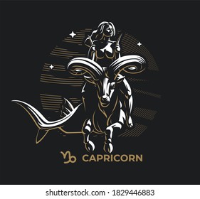 Zodiac sign Capricorn. Zodiac, astrology, stars. A woman is riding a ibex. Goat, Fish, Horns.