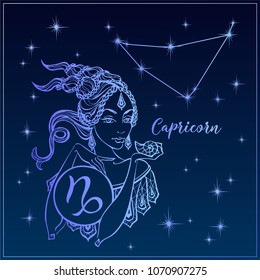 Zodiac sign Capricorn a beautiful girl. The Constellation of Capricorn. Night sky.  Horoscope. Astrology. Victor