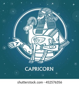 Zodiac sign Capricorn. Character of Sumerian mythology. Background - the star sky. Vector illustration.