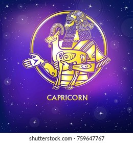 Zodiac sign Capricorn. Character of Sumerian mythology. Gold imitation. Vector illustration. Background - the night star sky.