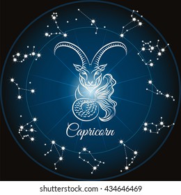 Zodiac sign capricorn and circle constellations. Vector illustration