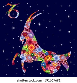 Zodiac sign Capricorn with colorful flowers fill on a background of the dark blue starry sky, vector illustration