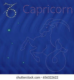 Zodiac sign Capricorn contour with tiny stars on the background of blue wavy starry sky, vector illustration