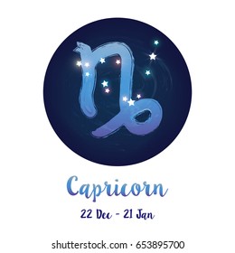 Zodiac sign Capricorn in cosmic stars space with Capricorn constellation icon. Starry night sky inside circle background. Galaxy space vector design for horoscope icon, cards, posters, fortune telling